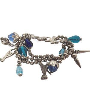 Silver & Blue Beaded Charm Bracelet With Fish & Pointed Metal Pendants Jewelry